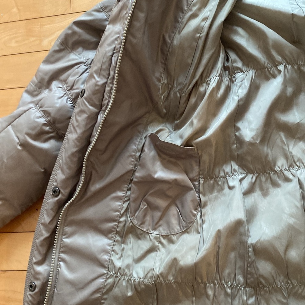 DECENTLY, DUCK DOWN WARM fitted Hooded midi length tan Puffer Coat SIZE MEDIUM - Picture 15 of 17